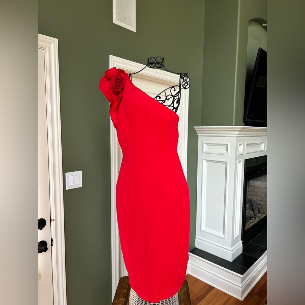 Size 6 blue:red, one shoulder rose accent dress. 33 inches from zipper to hem.